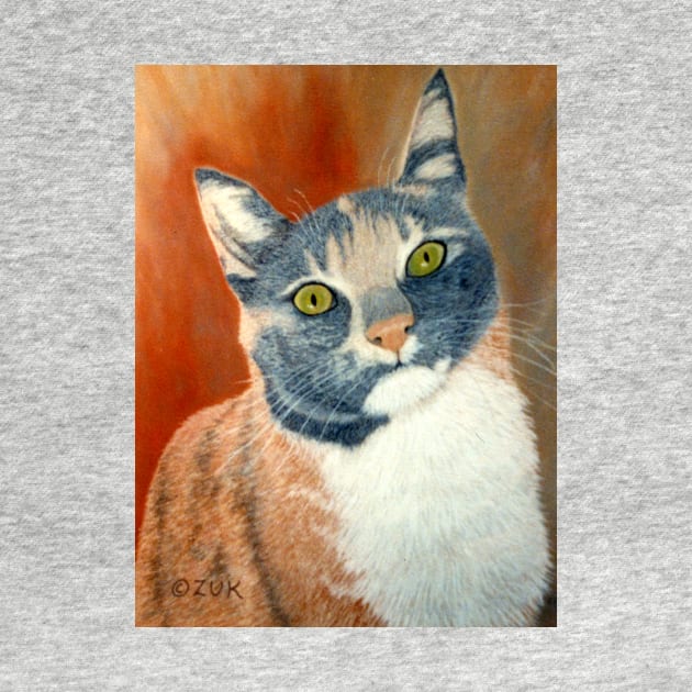 Calico Cat Pastel Portrait in Grey, White and Orange by KarenZukArt